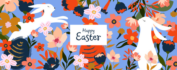 Happy Easter banner. Trendy design with typography, easter rabbit, eggs, roses, floral bouquets, spring flowers compositions. Modern poster, greeting card, invitation, header or cover for website.