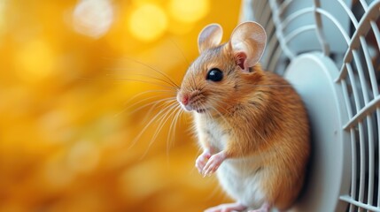  a close up of a small rodent on a wall next to an air conditioner with a blurry background of trees and a yellow - hued area.