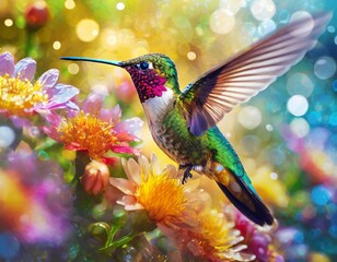 Fototapeta premium Beautiful dreamy hummingbird with colorful flowers in a fantasy world