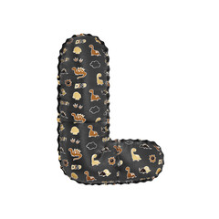 3D inflated balloon letter L with black and yellow fabric textured dinosaurus design for children