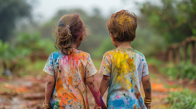 Two children holding each other's hand during the Indian Festival of Colours Holi