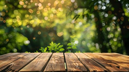 Product display mock-up background montage, blurred background, wooden table with lush green jungle background, bokeh