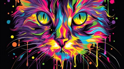  a multicolored cat's face is shown in front of a black background with multicolored drops of paint on the face of the cat's face.