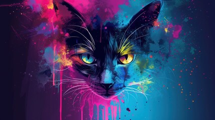  a close up of a cat's face with bright colored paint splatters on the cat's face and a black cat's head with yellow eyes.