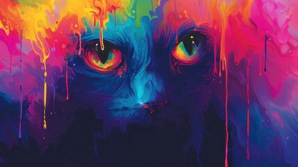  a painting of a cat's face with multicolored paint splattered on it's face and the cat's eyes are orange, blue, green, red, yellow, pink, orange, pink, and blue, and purple, and pink.