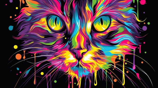  a multicolored cat's face is shown in front of a black background with multicolored drops of paint on the face of the cat's face. © Nadia