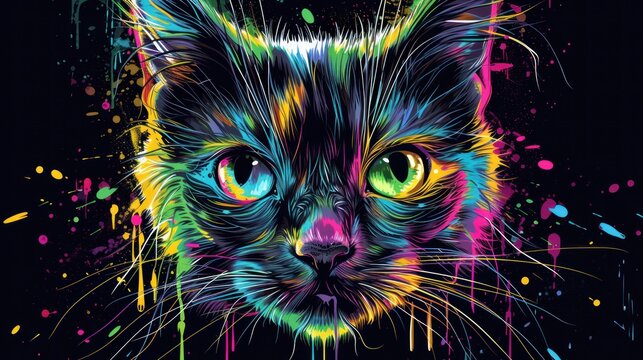  a close up of a cat's face with colorful paint splatters on the side of the cat's face and the cat's face is looking at the viewer.