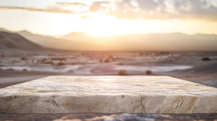 Obraz premium Product display mock-up background montage, blurred background, stone table with desert background at sunrise