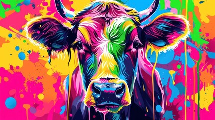  a painting of a cow's face with colorful paint splatters on it's face and the cow's head is looking directly at the camera.