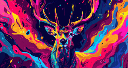  a painting of a deer with multicolored paint splatters on it's face and antlers on it's head, in front of a black background.
