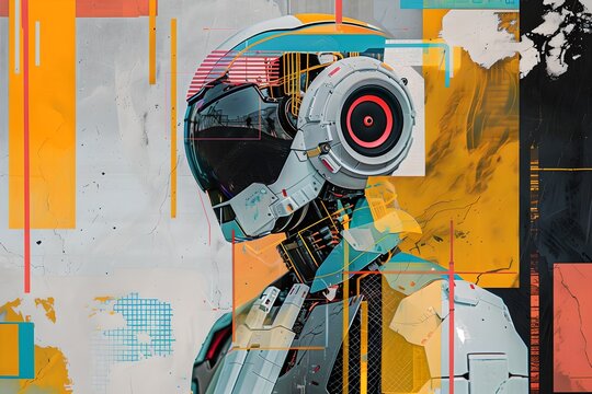 Futuristic robot with abstract geometric elements. Digital art collage. Design for poster, banner, social media. Future technology and futurism concept. 