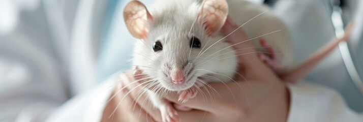 White rat close-up with human hands - A cute white rat with pink ears held in a person's hands, showing a close bond between humans and pets