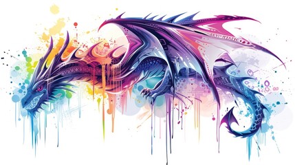  a painting of a dragon with colorful paint splatters on it's body and wings, with a woman in the center of the dragon's head.