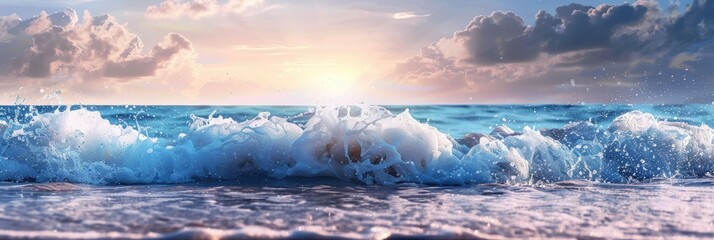 Sunset seascape with foamy waves - A serene seascape featuring gentle waves under a soft sunset, with foam detailing and warm colors - obrazy, fototapety, plakaty