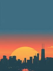 Sunset over minimalist cityscape silhouette - A minimalist cityscape against an oversized sun setting, symbolizing endings and new beginnings