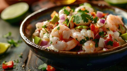 Traditional shrimp salad in ceramic bowl - A classic shrimp salad adorned with herbs, sitting in a traditional blue ceramic dish