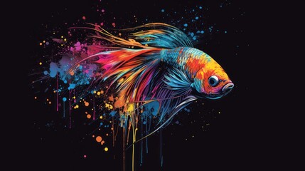  a colorful fish with lots of paint splatches on it's body and head, on a black background, with a black background with multi - colored spots.