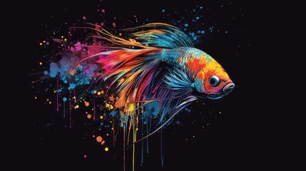 Photo sur Plexiglas Papillons en grunge  a colorful fish with lots of paint splatches on it's body and head, on a black background, with a black background with multi - colored spots.
