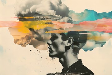 Portrait of man with cloud and sunset. Digital art collage. Design for poster, banner, print. Mental health concept. Representation of calm, balance and freedom
