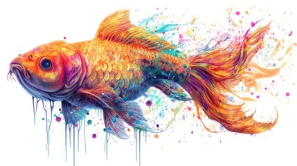  a painting of a goldfish with splatters of paint on it's side and a splash of water on the bottom of the fish's side.