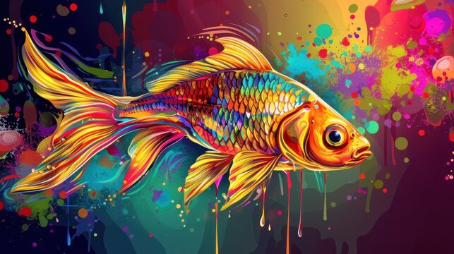 a painting of a goldfish with multicolored paint splatters on it's sides and a black background with a red, white, yellow, orange, yellow, blue, and red, and green, and pink, and yellow fish.