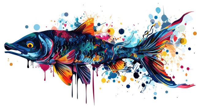 a painting of a fish with paint splatters on it's body and a splash of paint on the side of the fish's body and it's body.