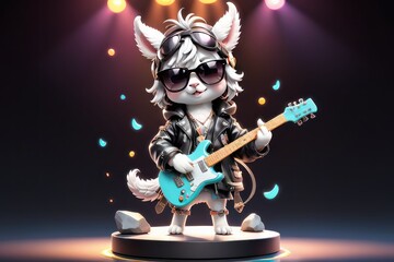 3D cartoon illustration cute lama in black leather jacket with rock guitar on stage.Design a book cover for a children's story or book concept.Promote music schools, classes,or workshops for children