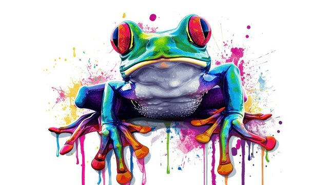  a painting of a frog with colorful paint splatters on it's face and legs, sitting on top of a white surface with multi - colored drops of paint.