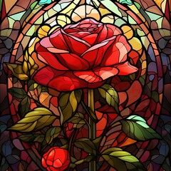 Illustration in stained glass style with a red rose on a dark background, Ai Generated