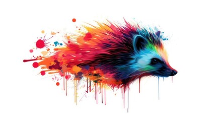  a painting of a colorful animal with paint splatters on it's face and a face of a porcupine in the center of the image, on a white background.