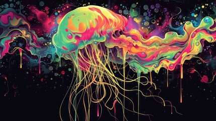  a painting of a jellyfish with multicolored paint splattered on it's head and body, in front of a black background of bubbles and bubbles. - obrazy, fototapety, plakaty