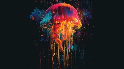  a painting of a jellyfish with multicolored paint splattered all over it's body and head, with a black background of multicolored water.