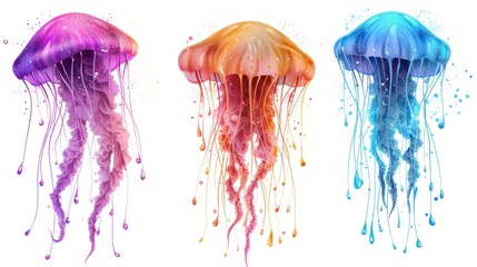  a group of three jellyfishs with different colors of jellyfishs in the bottom left side of the frame and bottom right side of the frame, and bottom half of the frame.