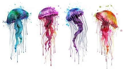  a group of three jellyfishs with different colors of paint splattered on the bottom and bottom of the jellyfish's head, with a white background.