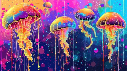  a group of jellyfish floating on top of a blue and pink watercolored background with drops of paint on the bottom and bottom of the jellyfish's heads.