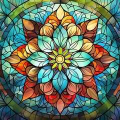 Illustration in stained glass style with abstract floral ornament, bright colors, Ai Generated
