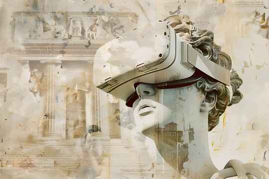 Antique statue with VR headset. Digital art collage. Design for poster, banner, social media. Virtual Reality technology concept. VR / AR. Metaverse and cyperspace