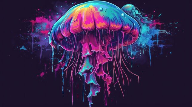  a colorful jellyfish floating in the air with paint splattered all over it's body and head, with a dark background of blue, pink, yellow, purple, pink, and blue, and green.