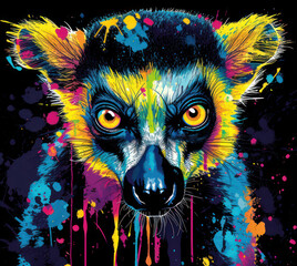  a painting of a black bear with yellow eyes and colorful paint splatches on it's face, with a black background and a black background with multi - colored spots.