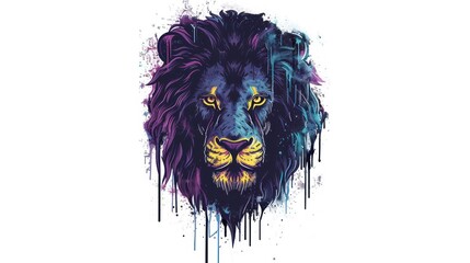  a lion's head with paint splatters on it's face and a black mane with yellow eyes and a black mane with yellow eyes and a white background.