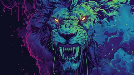  a painting of a lion's face with glowing yellow eyes and a purple, blue, green, and purple background with a splash of paint on it's face.