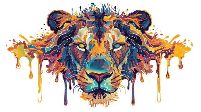  a painting of a lion's face with colorful paint splatters on it's face and the face of a lion's head is in the center of the image.