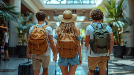 Young group of tourists with suitcases arriving at youth hostel guest house - Happy friends enjoying summer vacation together - Millenial people doing check-in at hotel lobby  - obrazy, fototapety, plakaty