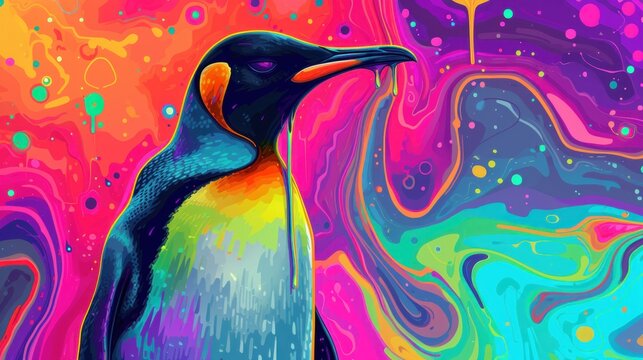  a colorful painting of a penguin on a pink, blue, yellow, and purple background with bubbles and bubbles in the air and a black bird with a yellow beak.