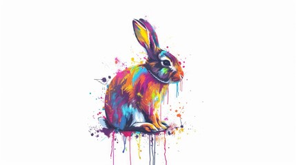  a painting of a colorful rabbit sitting on top of a white surface with splots of paint on the bottom of the image and bottom half of the rabbit's head.