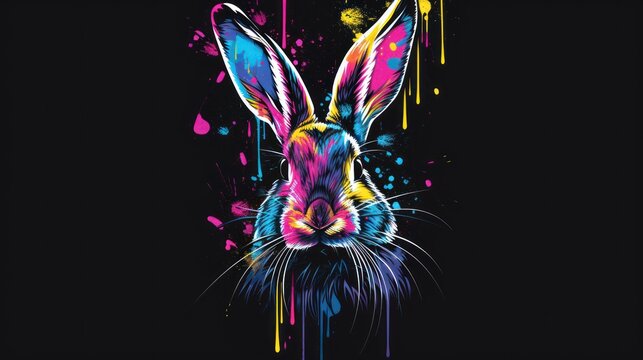  a painting of a rabbit's face with colorful paint splatters on it's face and a black background with multi - colored spray paint splatters all over it.