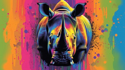  a painting of a rhinoceros on a multicolored background with a splash of paint on the rhino's face and the rhinoceros'head.
