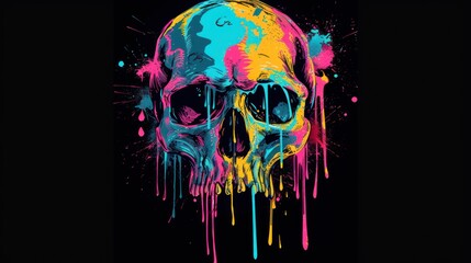  a colorful skull on a black background with paint splattered 