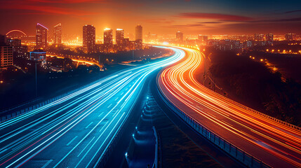 Abstract light background City road light, night highway lights, traffic with highway road motion lights, long exposure