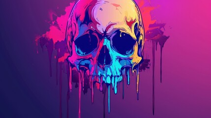  a painting of a skull on a purple and pink background with a splash of paint 